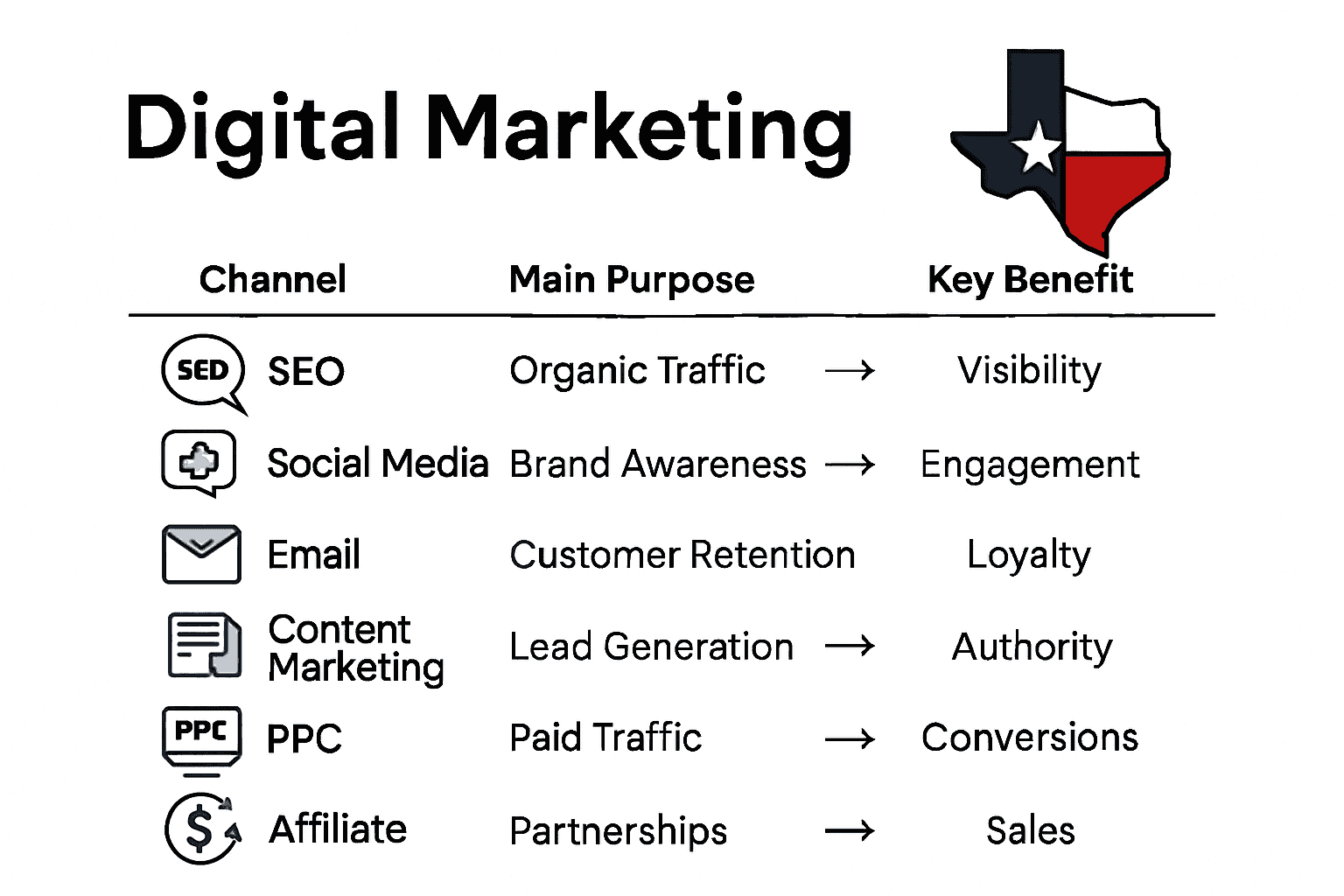 Infographic comparing six digital marketing channels with icons and benefits