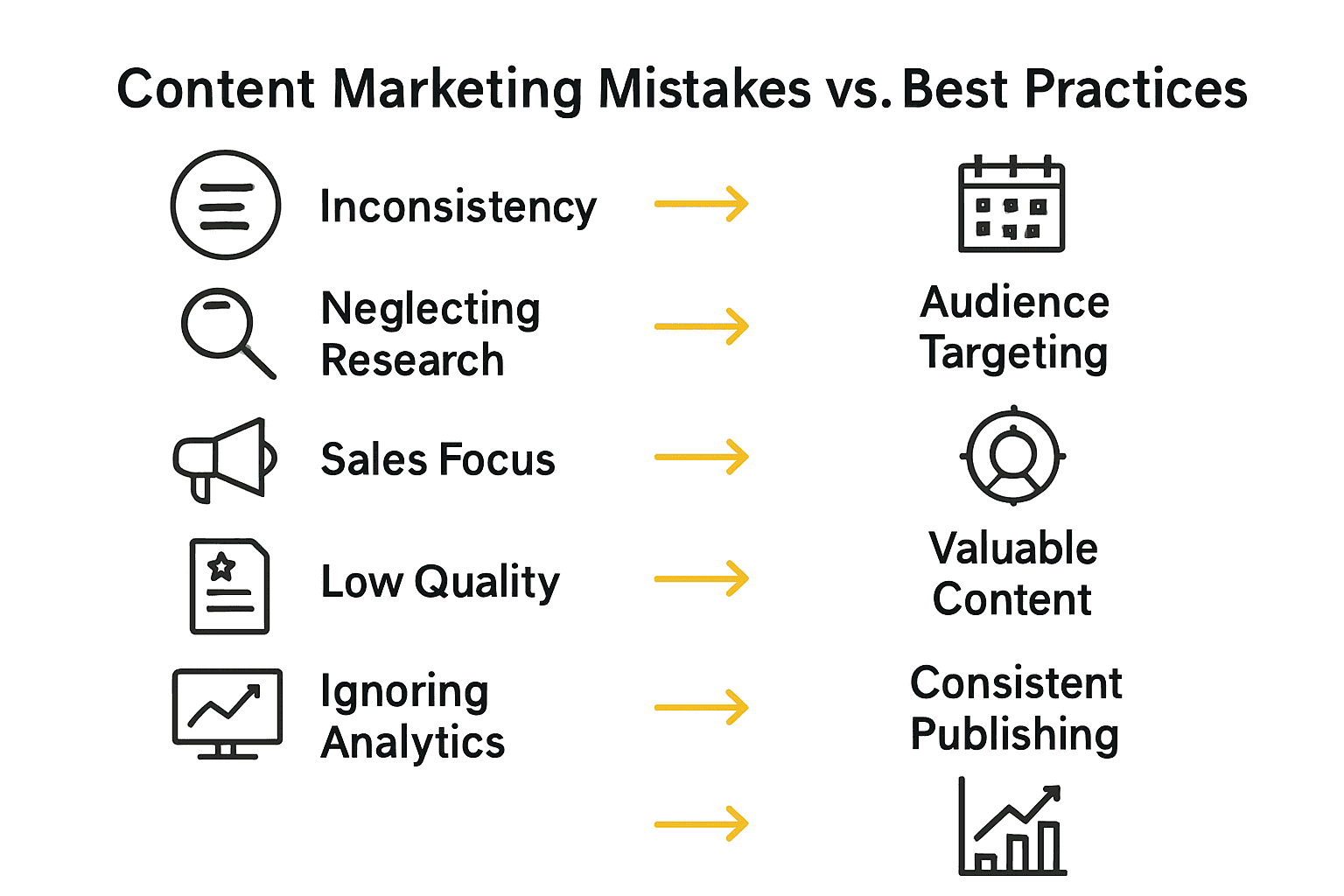 Infographic comparing top content marketing mistakes with effective solutions for Texas businesses.