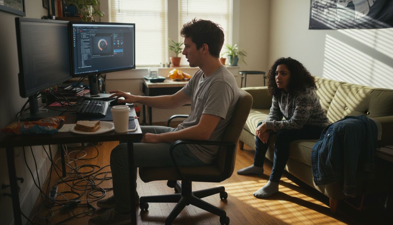 Web developer showing interactive site to friend