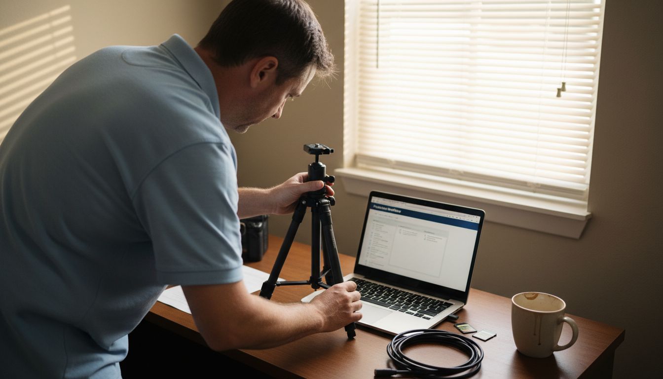 Man organizing small office video setup