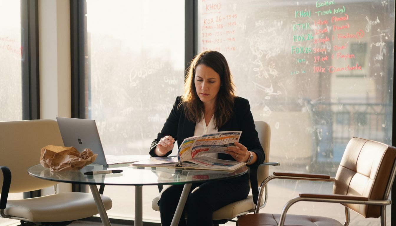 Businesswoman reviewing media buying options at desk