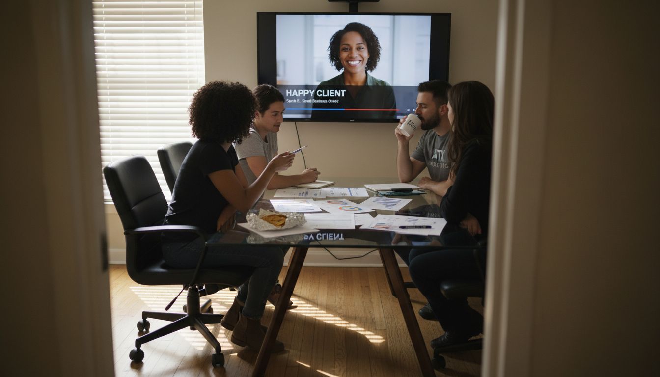 Team watches customer testimonial together