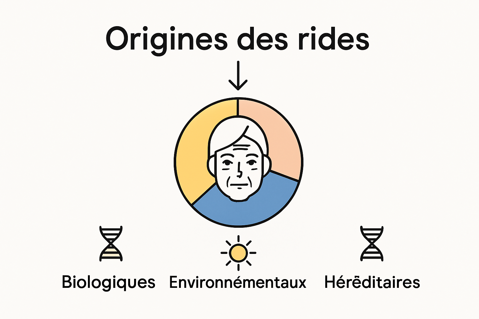 Infographie : d’où viennent les rides ? Découvrez les principaux facteurs à l’origine de leur apparition, comme le soleil, le vieillissement naturel de la peau ou encore l’hérédité.