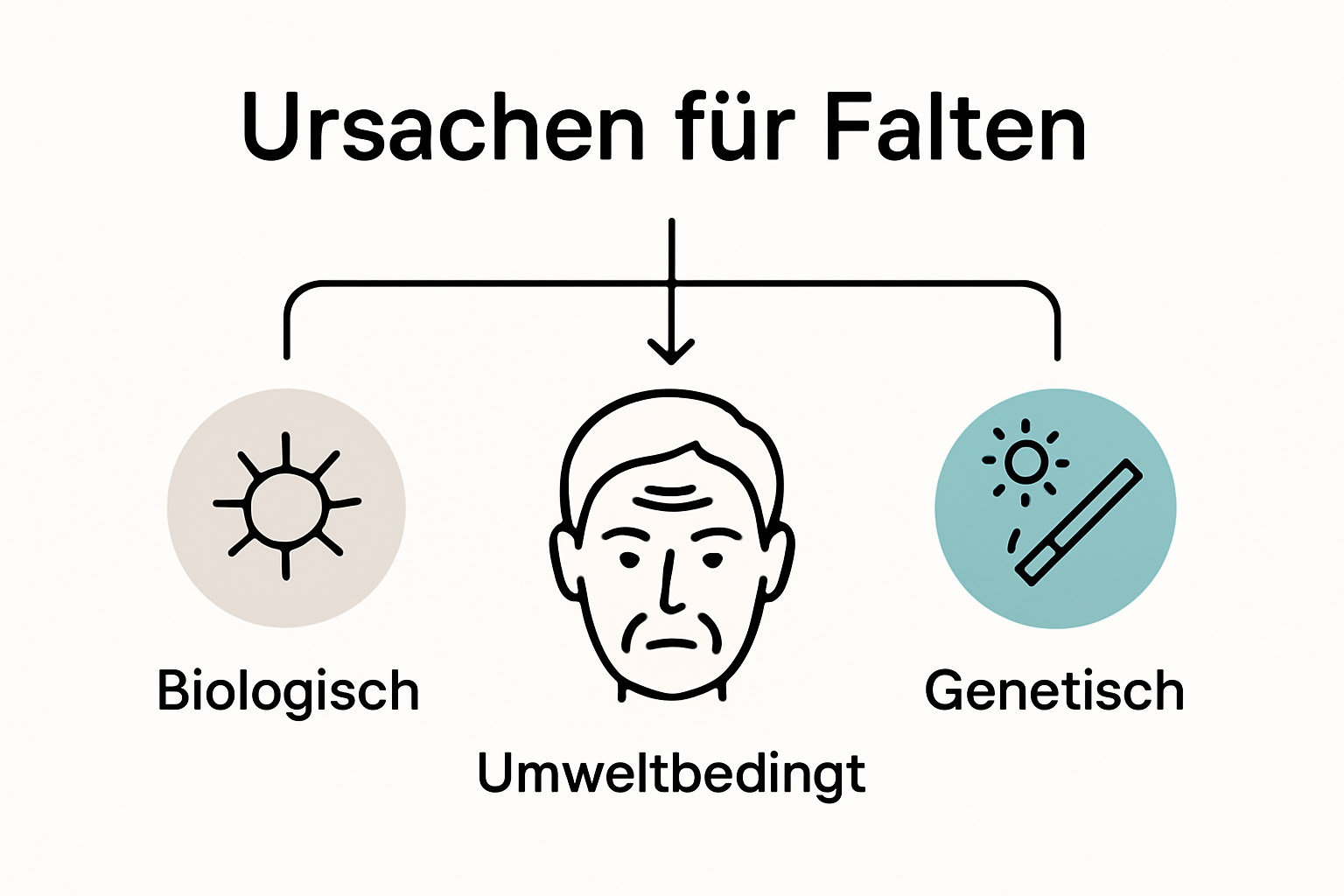 Infografik: Die wichtigsten Ursachen für Falten – Sonnenstrahlung, Alterungsprozess und Veranlagung. Auf einen Blick sehen Sie, wie äußere Einflüsse, das Älterwerden und die eigenen Gene die Hautalterung beeinflussen.