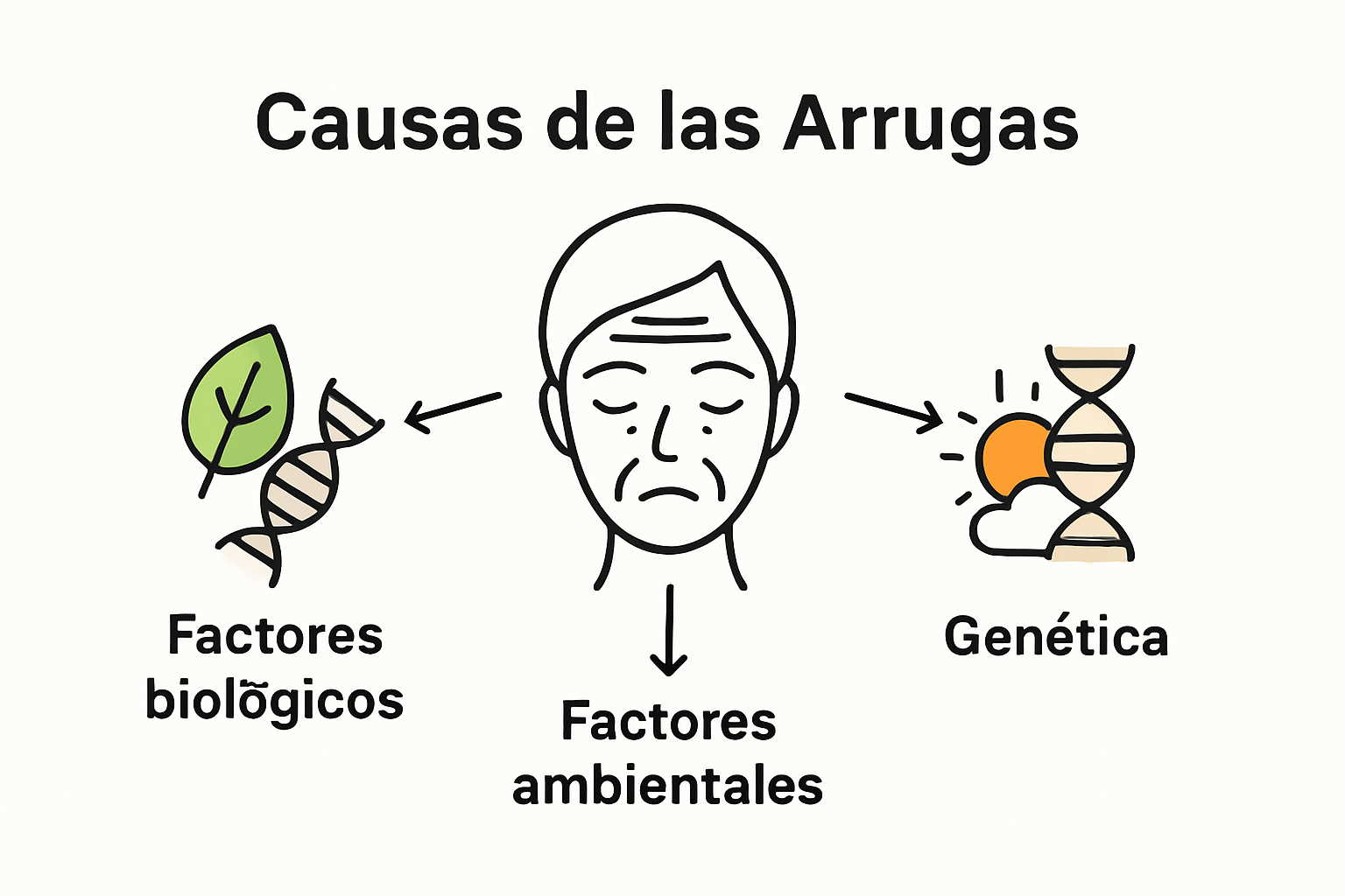 Infografía: ¿Por qué aparecen las arrugas? Principales factores: exposición al sol, paso del tiempo y herencia genética.