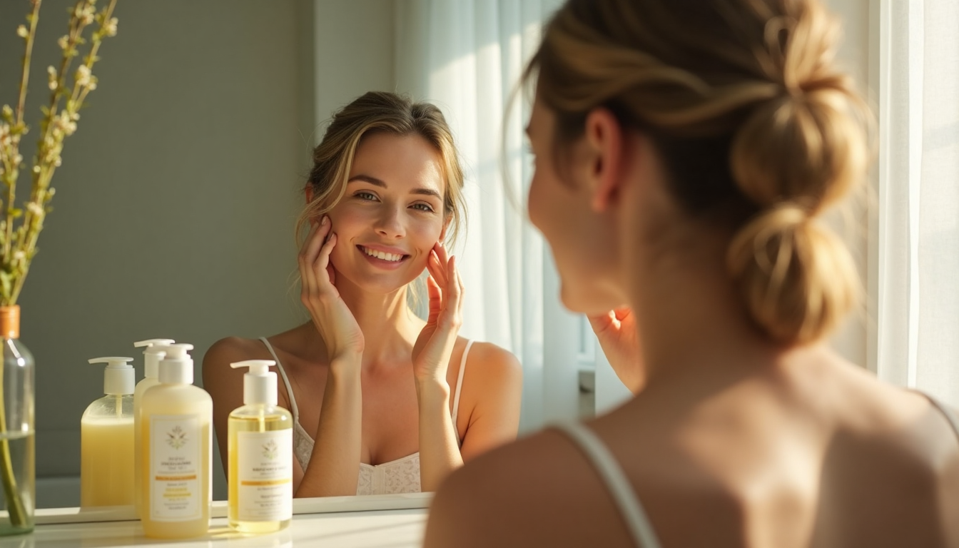 Woman applying herbal moisturizer in bright bathroom