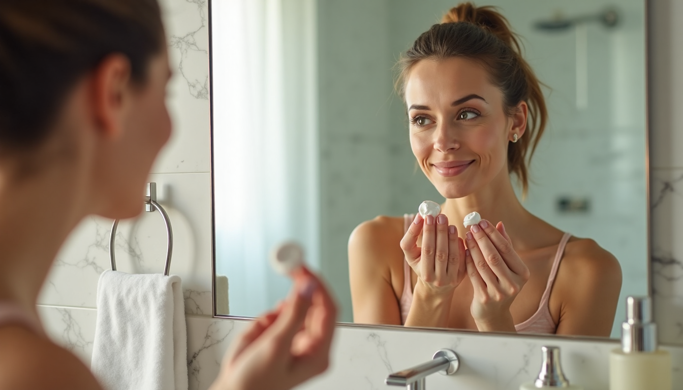 Woman preparing night cream in bathroom with poster visible