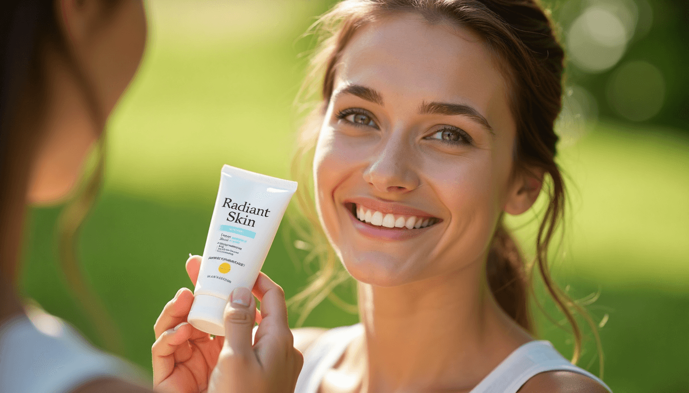 Woman applying sunscreen outdoors in park with sunlight