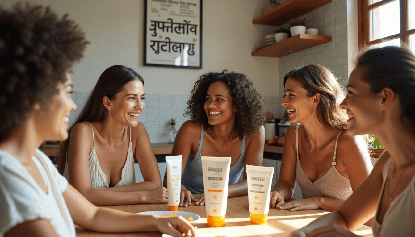 Multicultural friends using mineral sunscreens at sunlit table