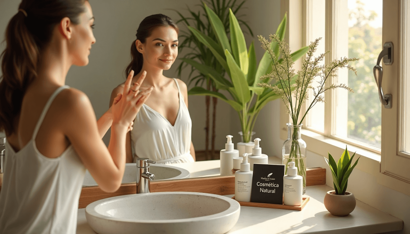 Woman using natural skincare in sunlit eco bathroom setting