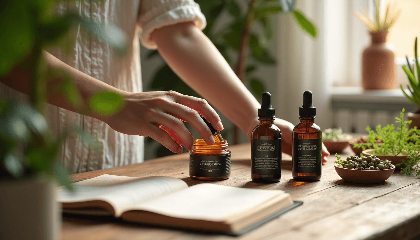 Hands examining glass jars of natural key ingredients
