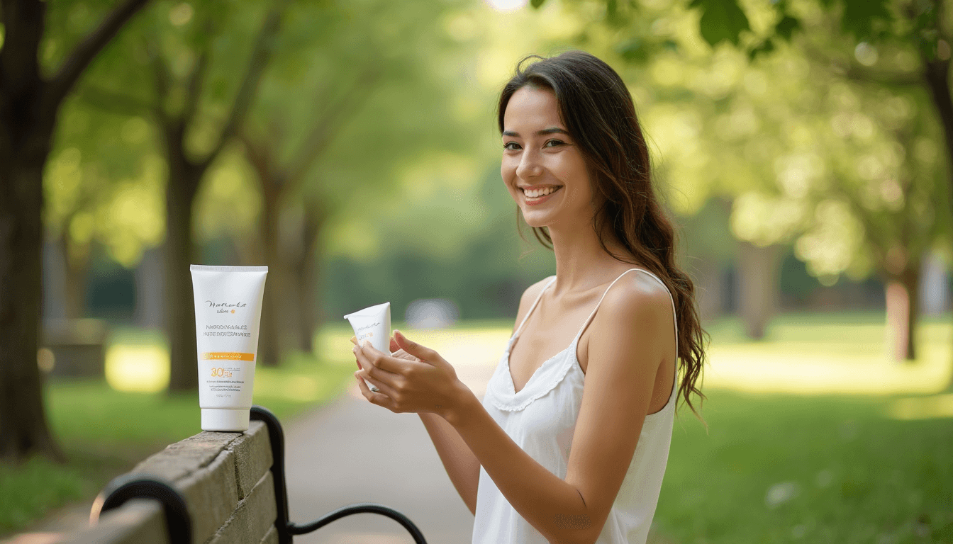 Woman applying natural sunscreen beneath trees, product labeled Natürliche Pflege