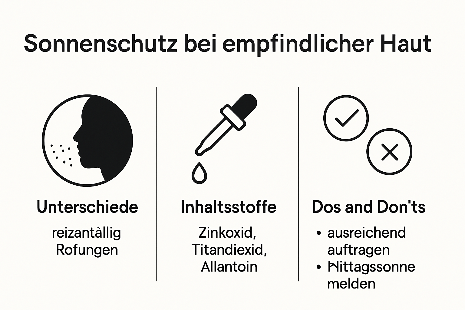 Infografik zu den wichtigsten Maßnahmen und Inhaltsstoffen für Sonnenschutz bei empfindlicher Haut