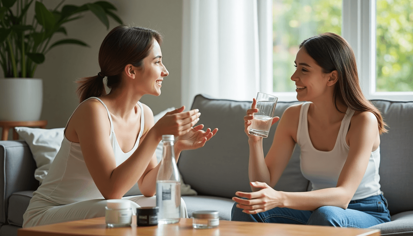 Two women sharing skincare routine with eco-friendly products in bright living room