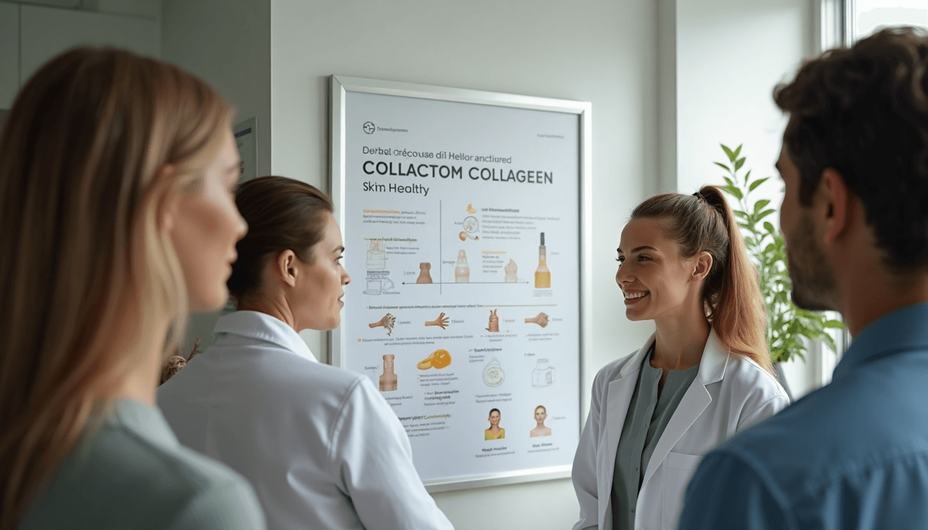 Diverse hands hold collagen infographic in dermatologist room with educational banner