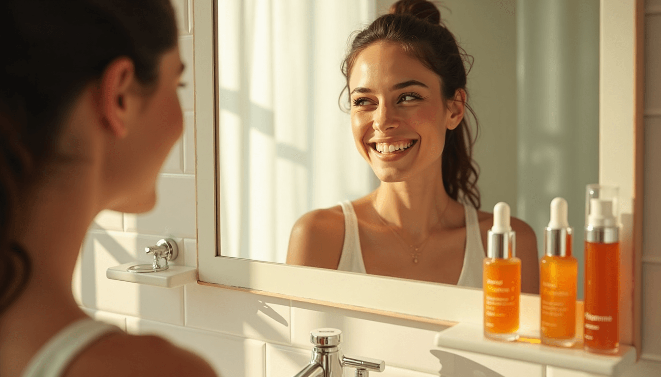 Woman applies vitamin C serum in bright morning bathroom