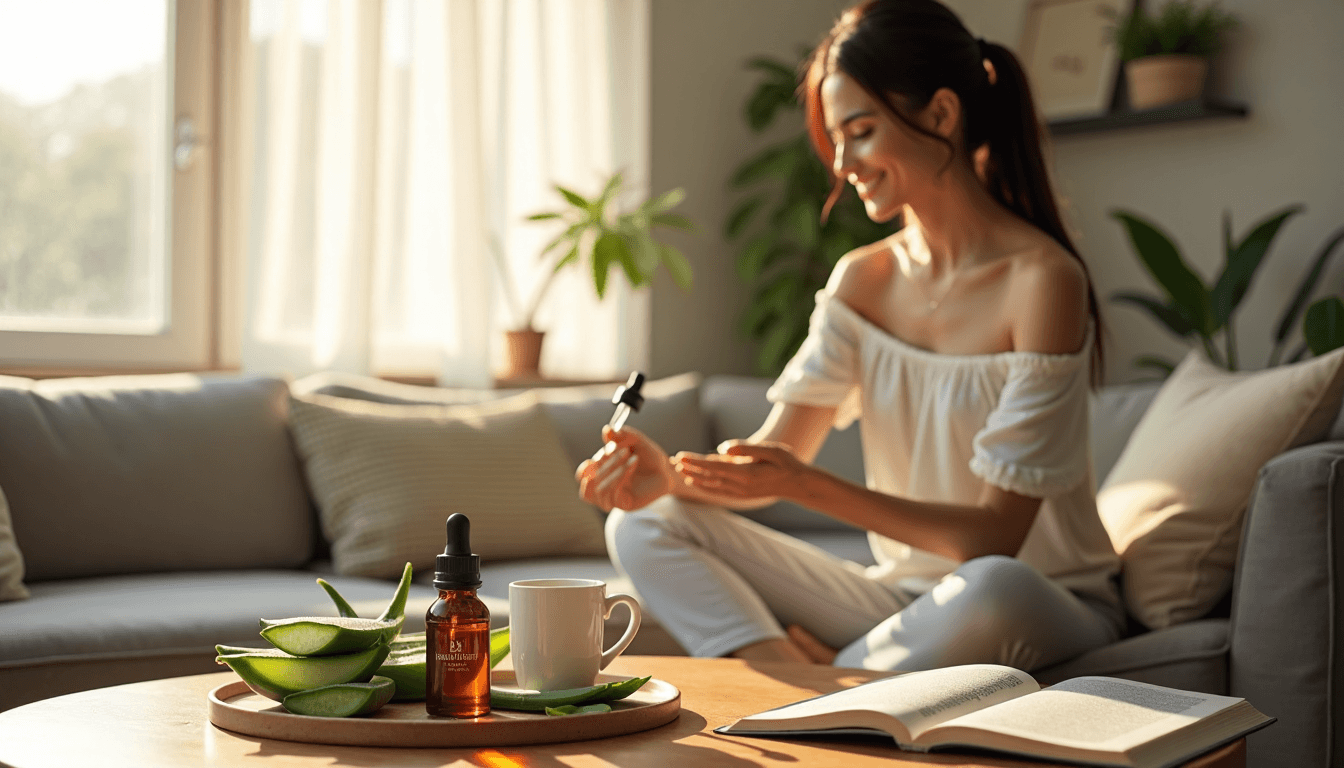 Woman applying serum with natural skincare oils on table