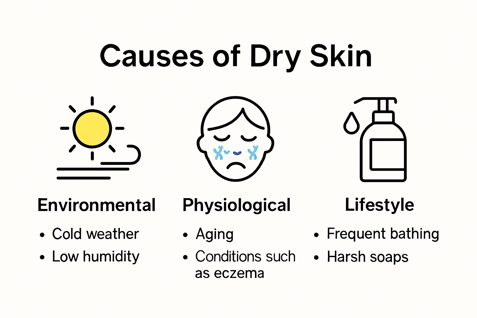Infographic showing causes of dry skin: environment, health, and lifestyle