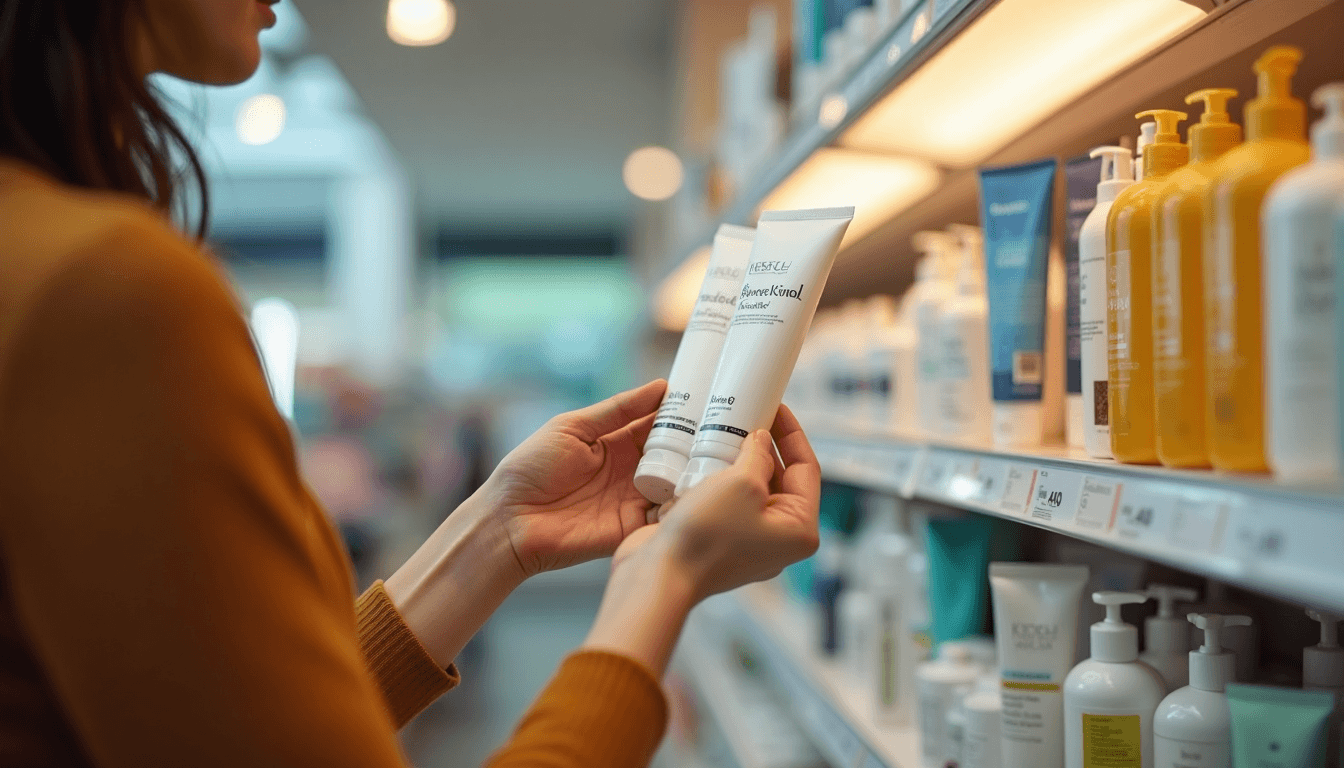 Hands compare skincare bottles on drugstore shelf marked parabenfrei