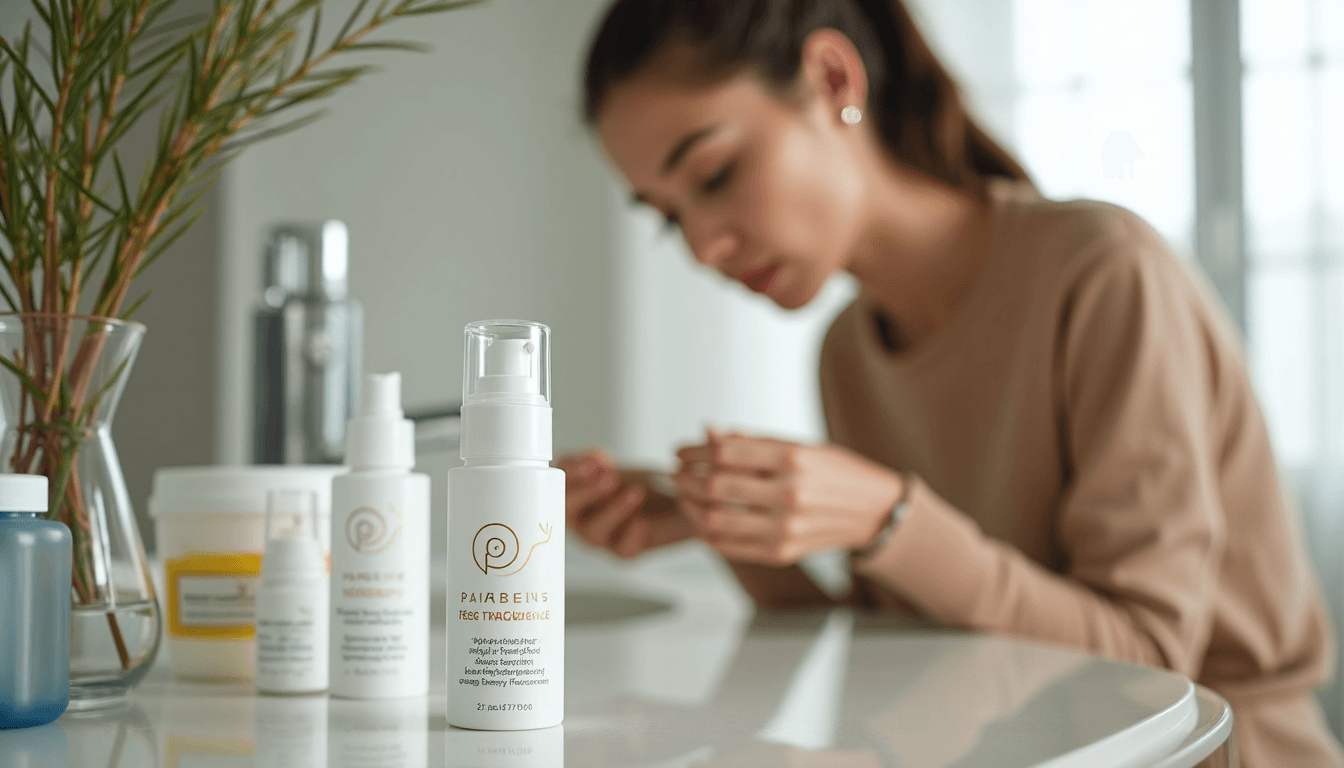 Youth examines skincare products in bright modern bathroom