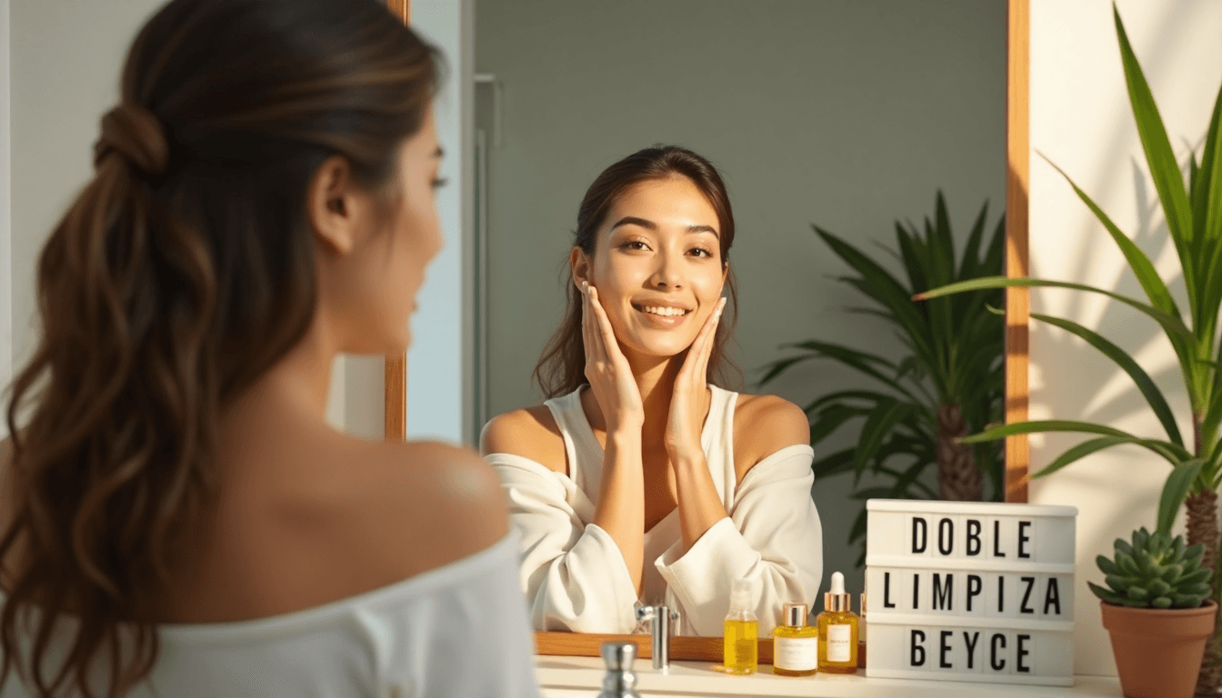Woman performs double cleansing in softly lit bathroom