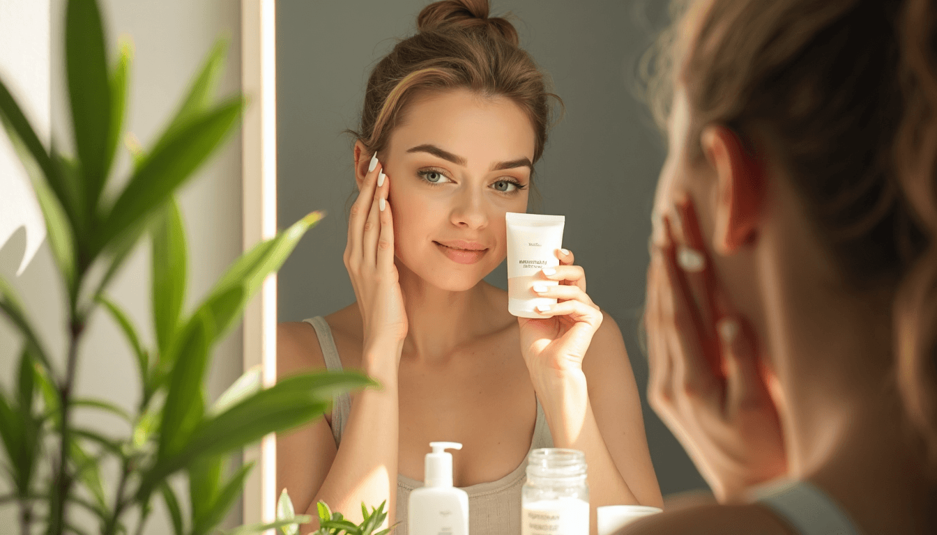 Vrouw brengt moisturizer aan voor spiegel in zachte ochtendzon