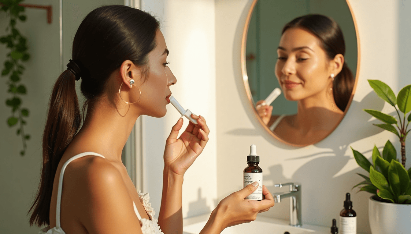 Woman applies probiotic serum in sunlit bathroom