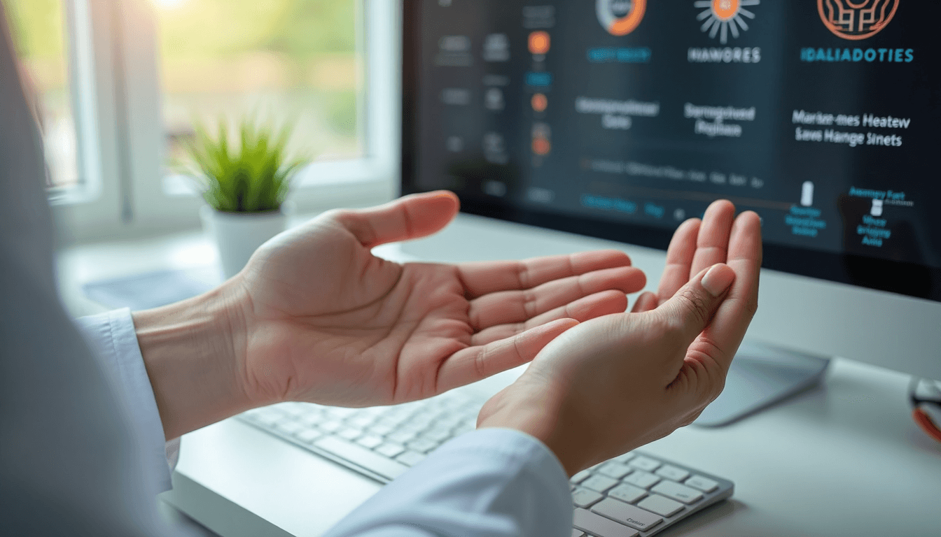 Dermatologist examines patient’s hand with clinical skin chart background