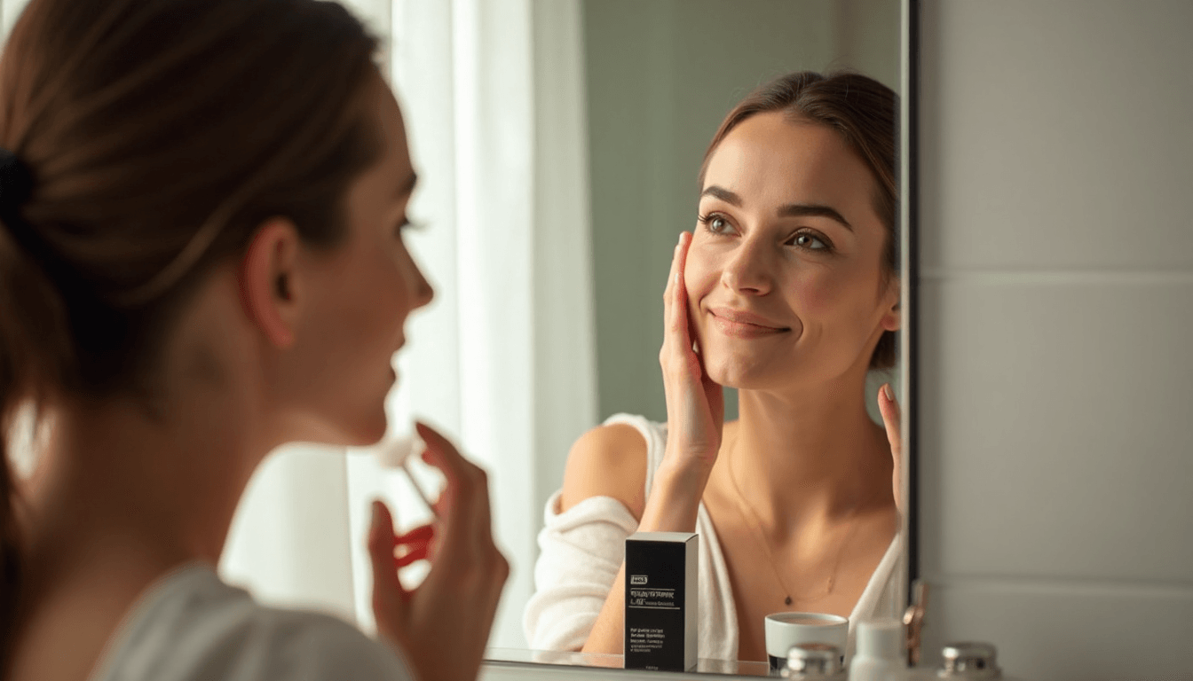 Woman applying retinol serum in softly-lit morning bathroom