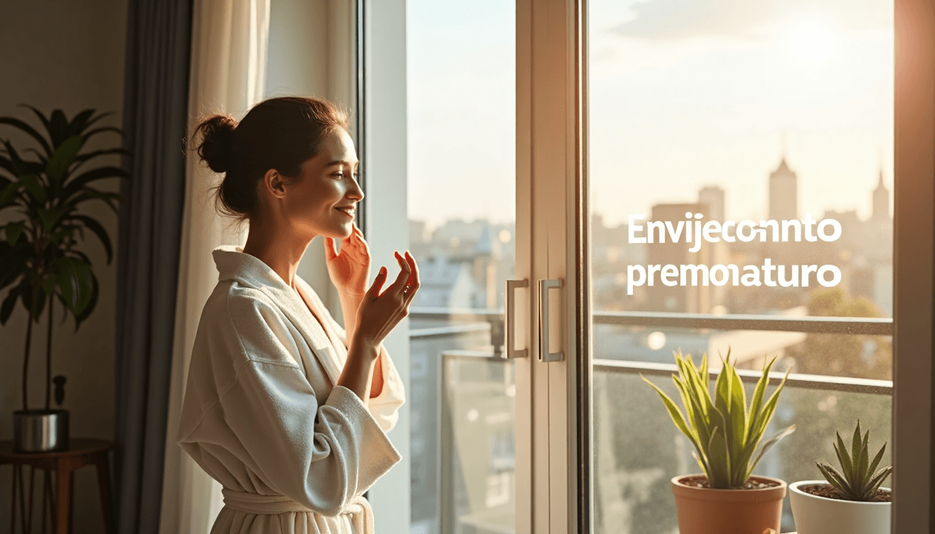 Woman admiring skin in sunlit city apartment window