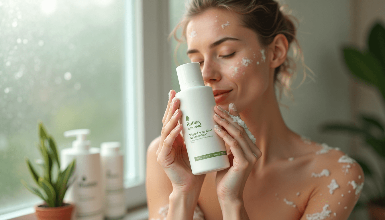 Person applies cleanser during skincare routine at bathroom sink