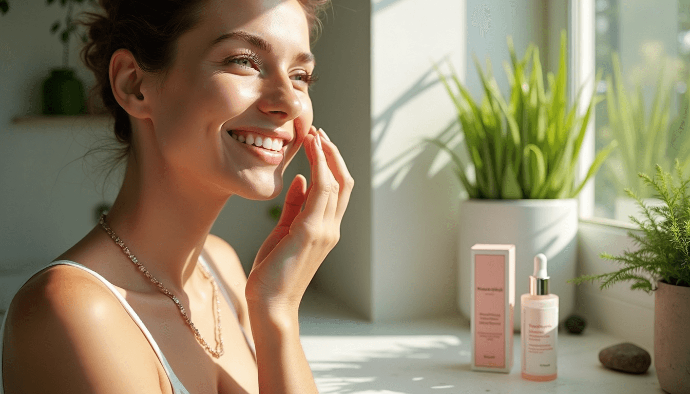 Woman applies natural retinol serum in bright bathroom