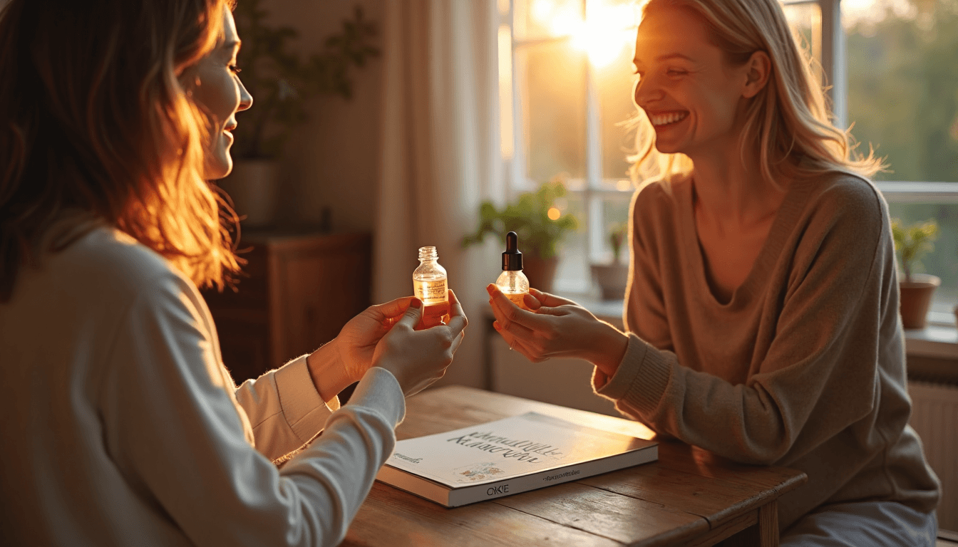 Two women discuss natural skincare alternatives in cozy living room