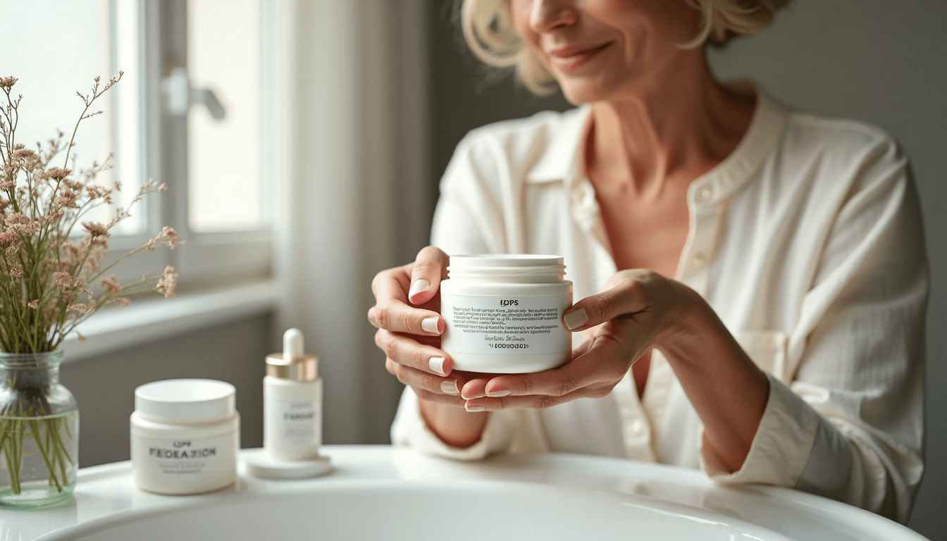 Mature woman applying moisturizer in sunlit French bathroom