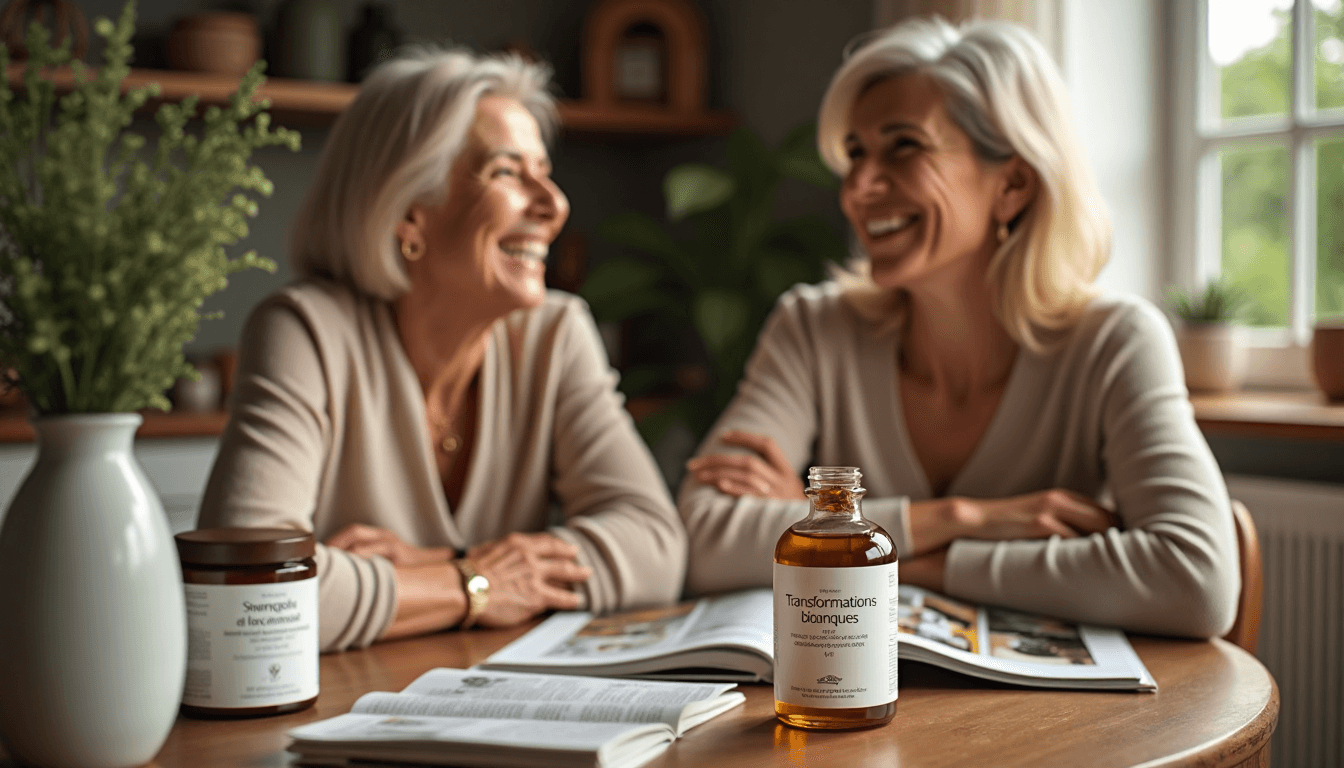 Two mature women share skincare tips in warmly lit living room