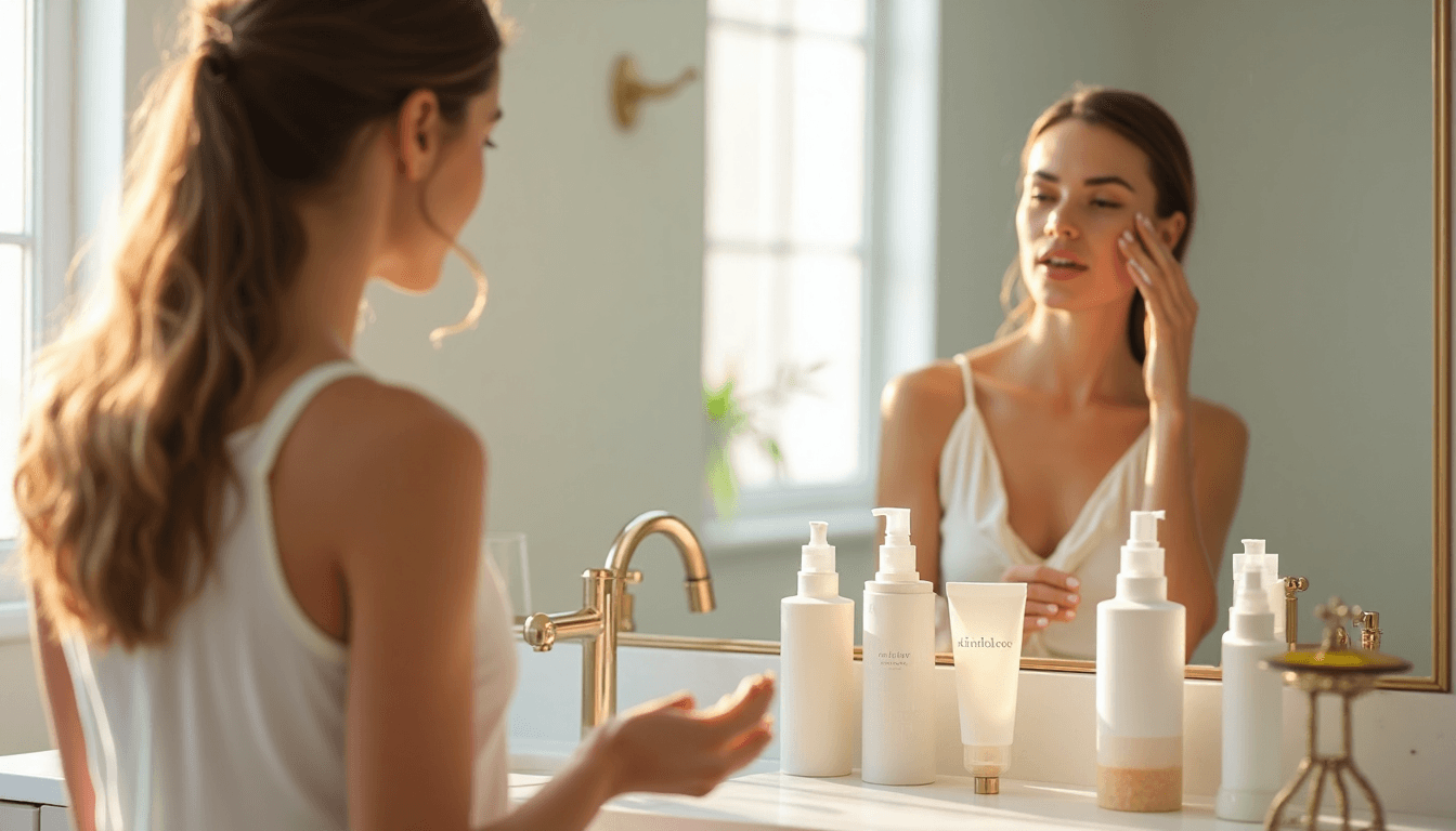 Woman applying skincare in bright home bathroom