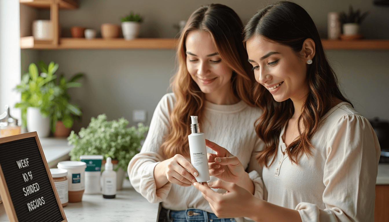 Two women reading skincare label in kitchen