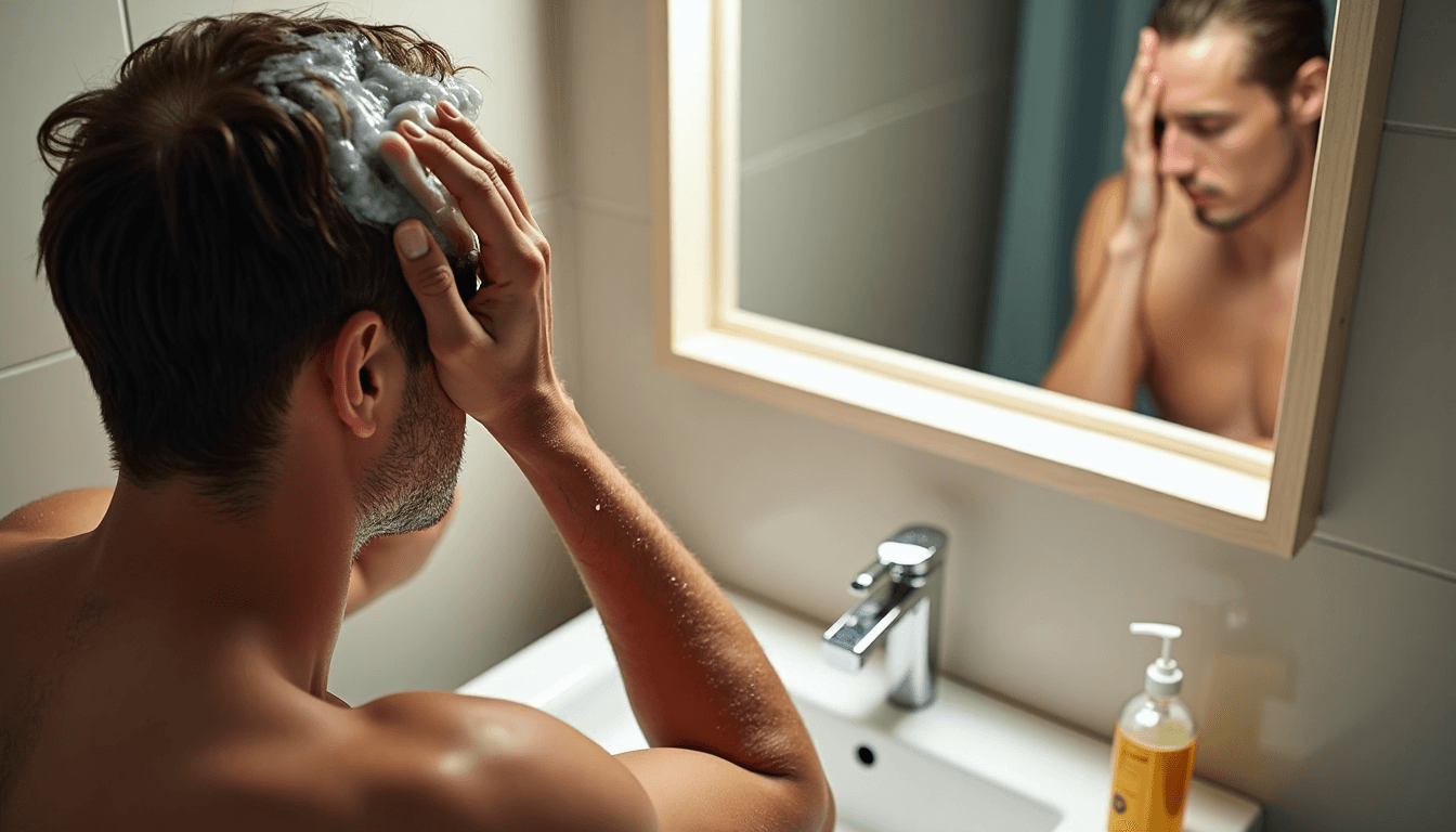 Man massaging shampoo into scalp in cozy bathroom