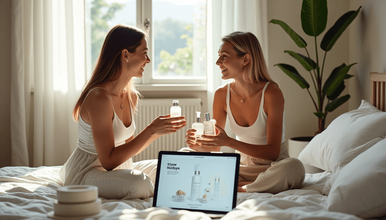 Two friends compare skincare products with laptop showing skin type chart