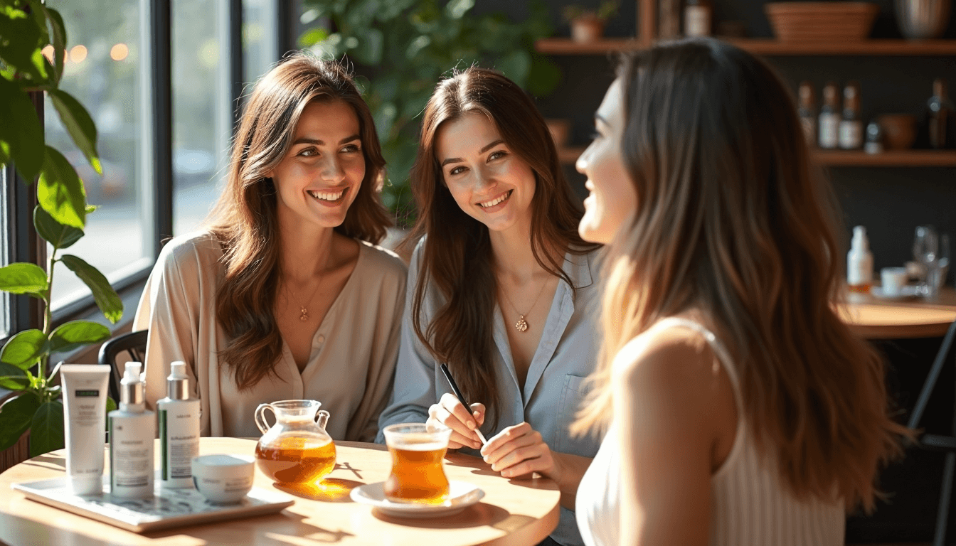 Two women discussing skincare at a café with clean beauty products