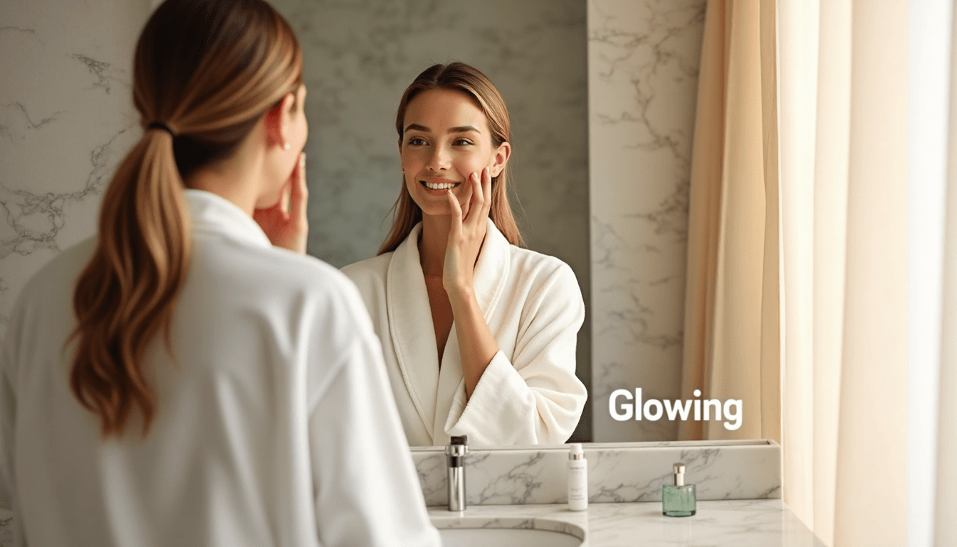 Woman examining glowing skin in modern bathroom mirror