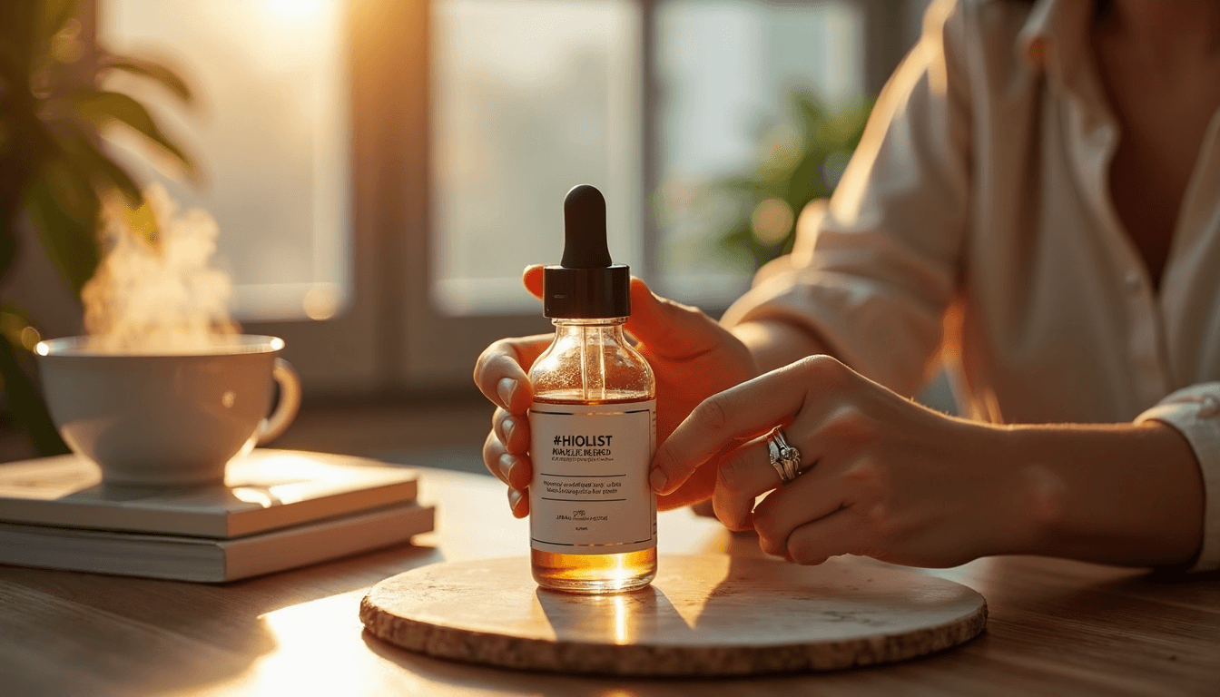 Hands holding labeled serum bottle in cozy natural-light living room