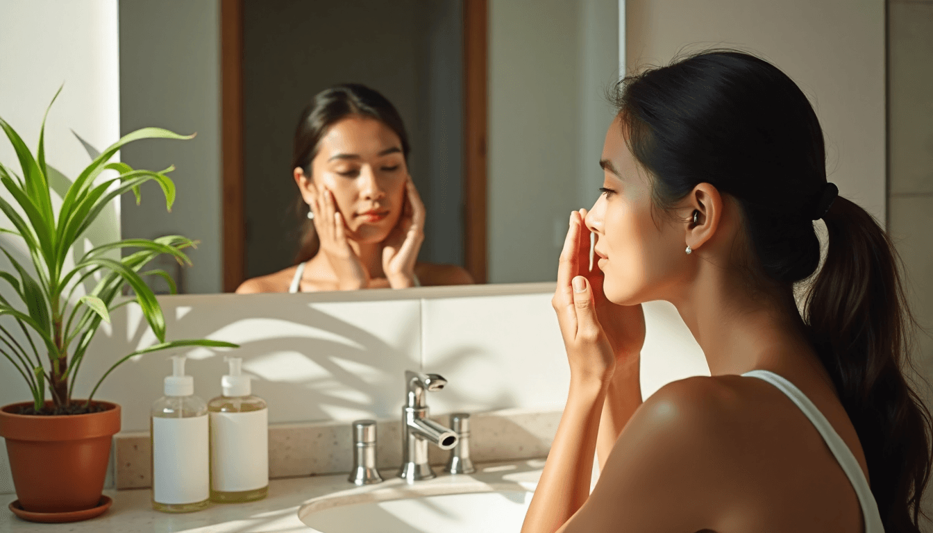 Woman washing face in sunlit bathroom with skincare products nearby