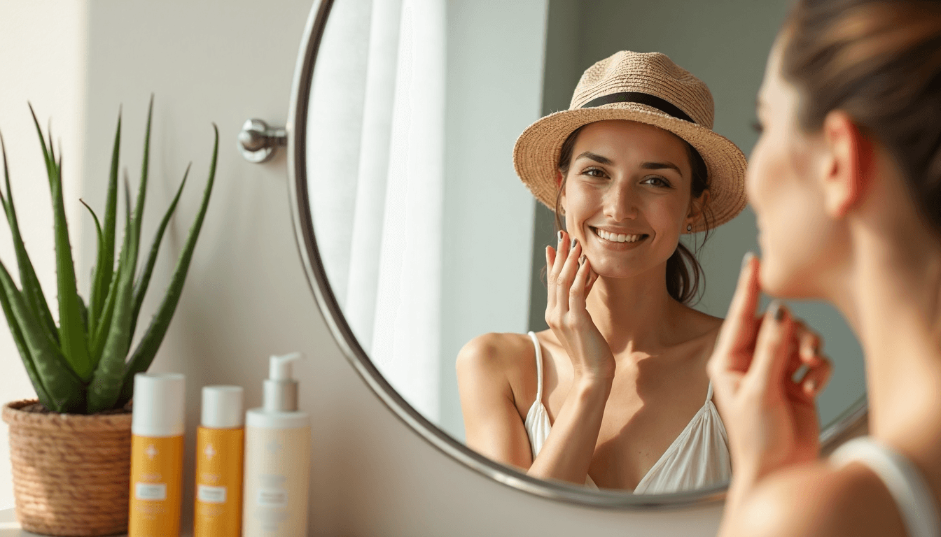 Natural sun care products and reflection of woman applying sunscreen