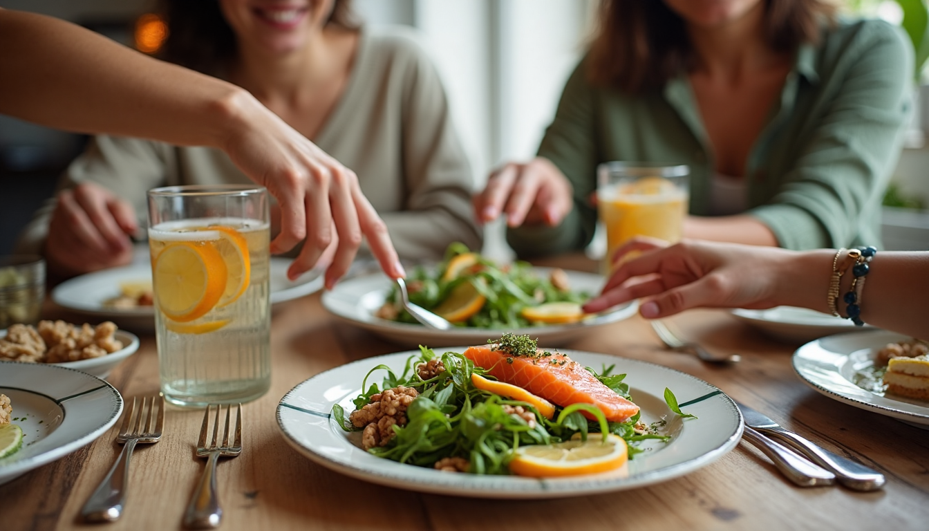 Friends enjoying healthy lunch of salad, fish, and fruit at table