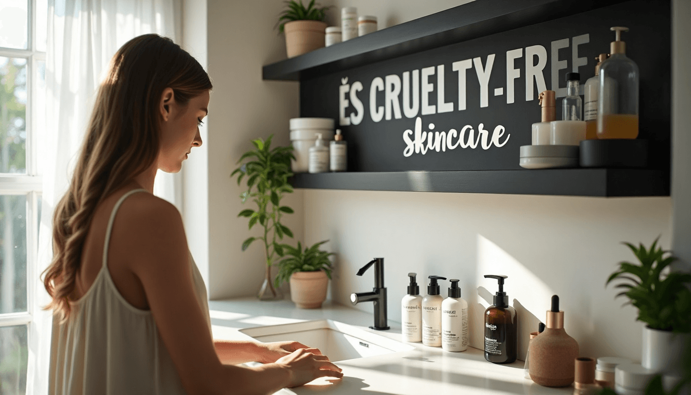 Mujer aplicando cuidado de la piel cruelty-free en un baño moderno y luminoso
