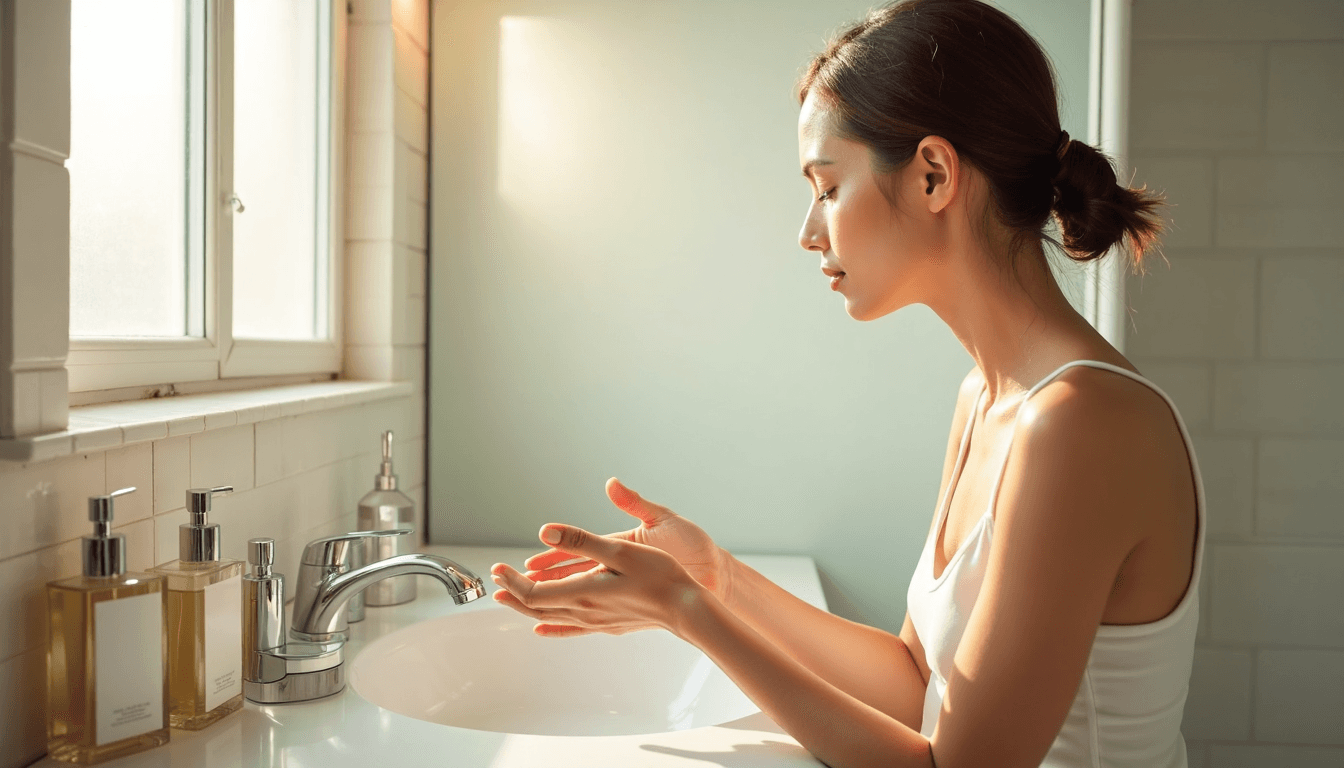 Mujer limpiándose el rostro en un baño iluminado por el sol, banner de autocuidado visible