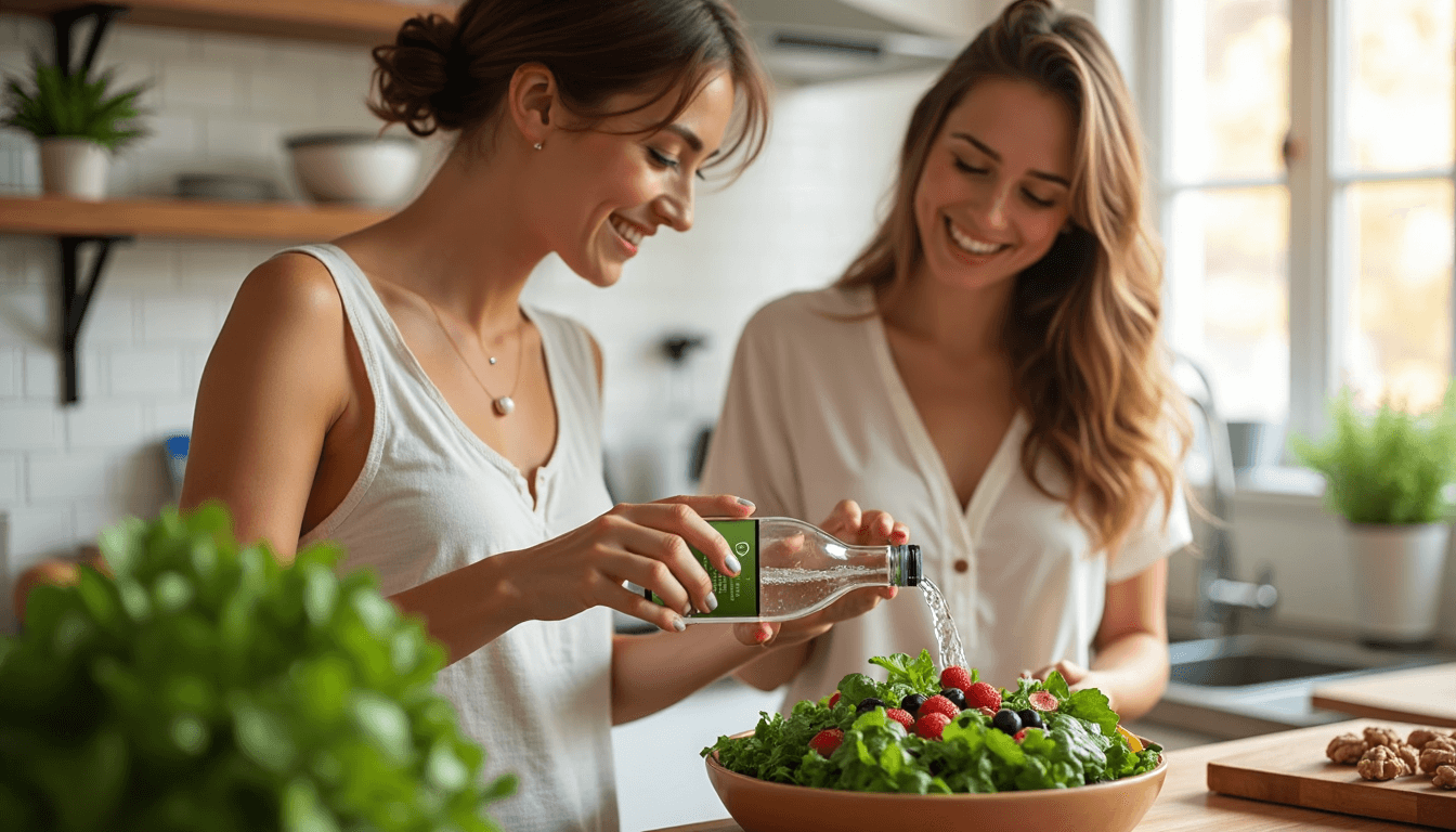 Amigos preparando ensalada, botella etiquetada como nutrición e hidratación