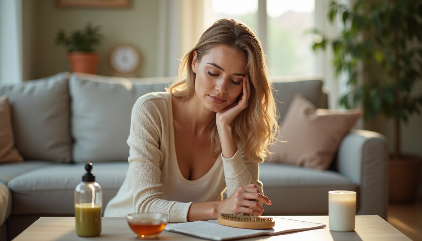 Woman massaging scalp with brush in sunlit living room