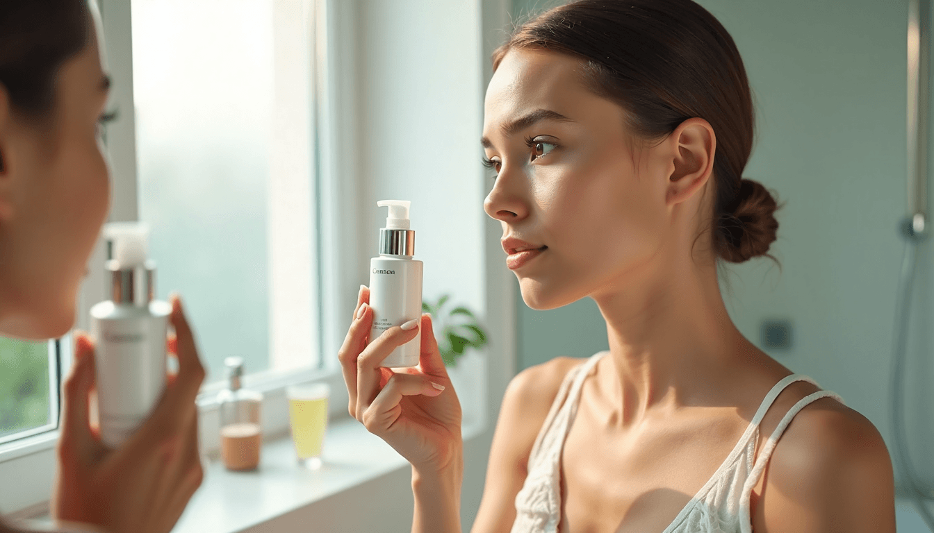 Woman examines skin in bathroom mirror with skincare products nearby